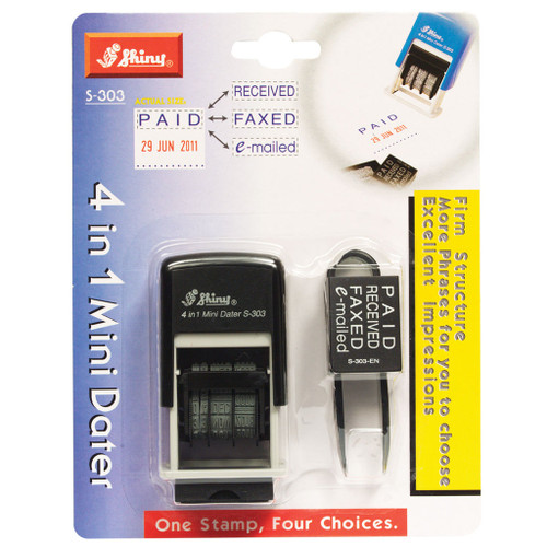 Shiny Self-Inking 4 In 1 Mini Date Stamp - Black Text and Red Date