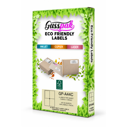 Gusspak White Eco-Friendly Laser/Inkjet/Copier Labels - 105mm x 148mm  (No Border) - 4 Labels Per Sheet - Pack Of 100 Sheets