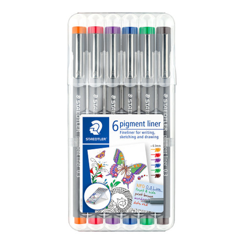Staedtler 308 Pigment Liner 0.3mm - Wallet of 6 Assorted Colours (Orange, red, violet, blue, green, and brown)