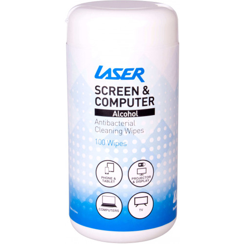 Laser Antibacterial Screen and Computer Cleaning Wipes with 20% Alcohol, Tub of 100