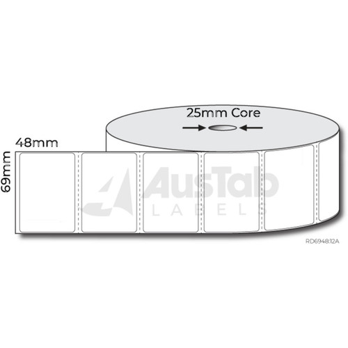 Thermal Direct Labels 69mm x 48mm White Matt – Permanent Adhesive with 25mm Core, Roll of 1500 Labels