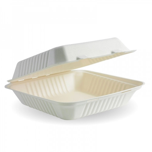WOW 9 x 9 x 3” 1 - Compartment Sugarcane Clamshells, Carton of 200