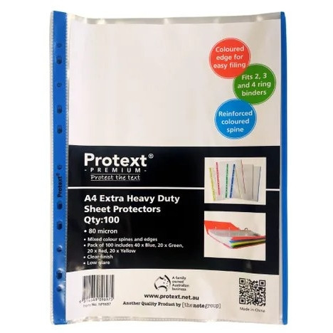 Protext Coloured Premium A4 Extra Heavy Duty Sheet Protectors 80 Micron Clear Bx100, Clear Glass Finish