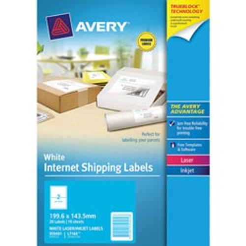 AVERY INTERNET LASER & INKJET SHIPPING LABELS L7168 2L/P/Sht 199.6x143.5mm, Pack of 20 Laser Labels