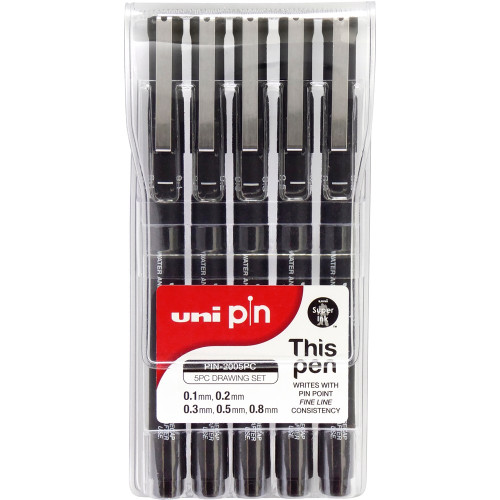 UNI PIN 200 FINE LINER PEN 5 Assorted Sizes Black Contains one each of 0.1, 0.2, 0.3, 0.5 & 0.8mm