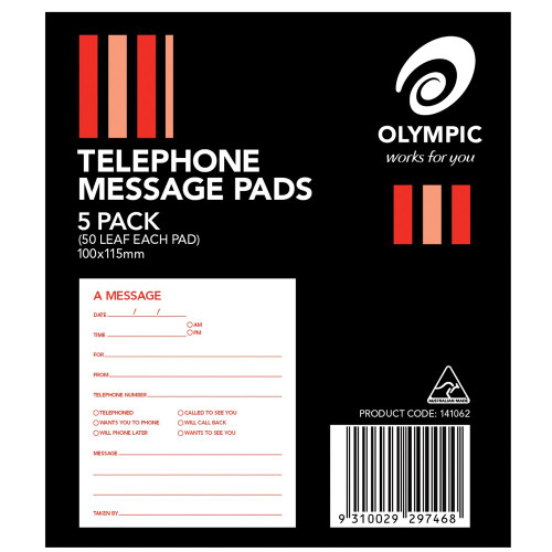 OLYMPIC TELEPHONE MESSAGE PADS 100x120mm 50 leaf 141062 Pack of 5