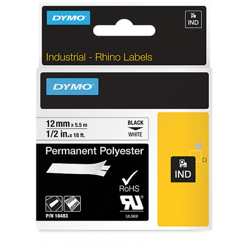 DYMO RHINO INDUSTRIAL LABEL TAPE 12mm x 5.5m White Permanent Poly Tape