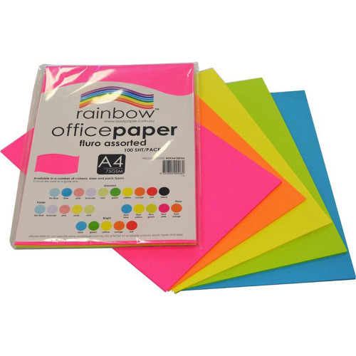 RAINBOW OFFICE PAPER A4 75GSM Fluoro Assorted Pack of 100
