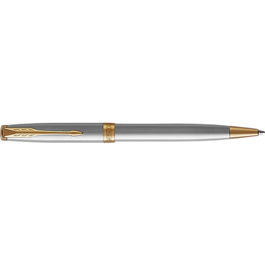 PARKER SONNET BRUSHED STAINLESS STEEL GOLD TRIM BALLPOINT PEN Medium ...