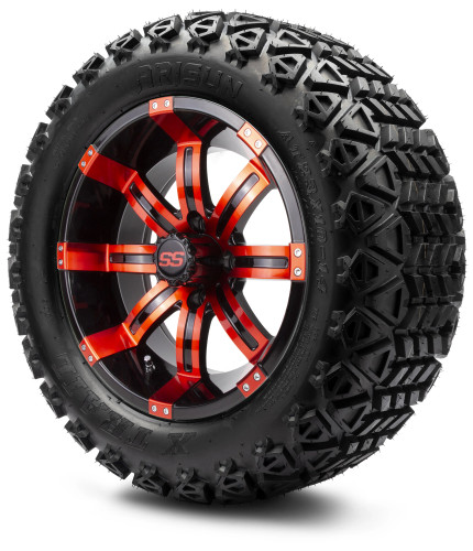 14" Tempest Red and Black Golf Cart Wheels, All Terrain Tires and a "6 Lift Kit Combo