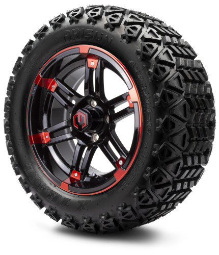 14" MODZ® Aftershock Red and Black Golf Cart Wheels, All Terrain Tires and a "6 Lift Kit Combo