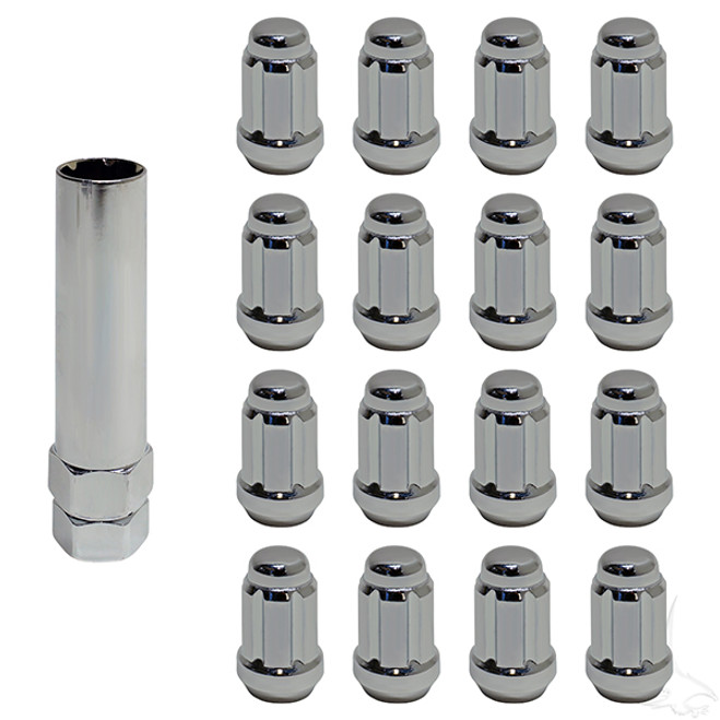 Golf Cart Chrome Lug Nut Set 16 With Hexagon Socket Key, Standard