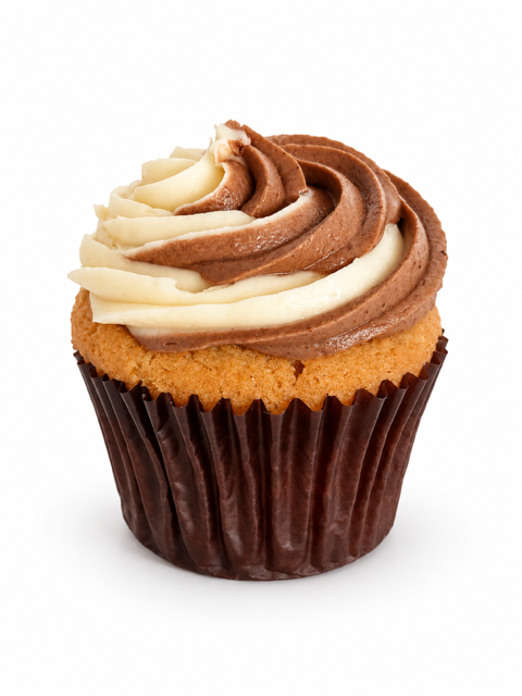 A soft cinnamon-spiced cupcake topped with creamy cream cheese frosting, capturing the warm, buttery sweetness of a freshly baked cinnamon roll.