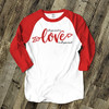 Valentine love is all you need red glitter or foil ADULT raglan shirt