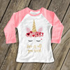 Valentine unicorn love is all you need sparkly glitter raglan shirt