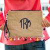 Embroidered personalized burlap wristlet summer pom pom clutch purse