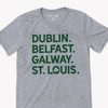 St. Patrick's Day Dublin Belfast Galway St. Louis Irish cities shamrock glitter option unisex adult Tshirt