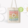 Second grade or any grade retro groovy wavy font smiling daisy teacher personalized tote bag