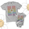 Big sis lil sis daisy smiley face retro wavy font personalized sibling shirt set