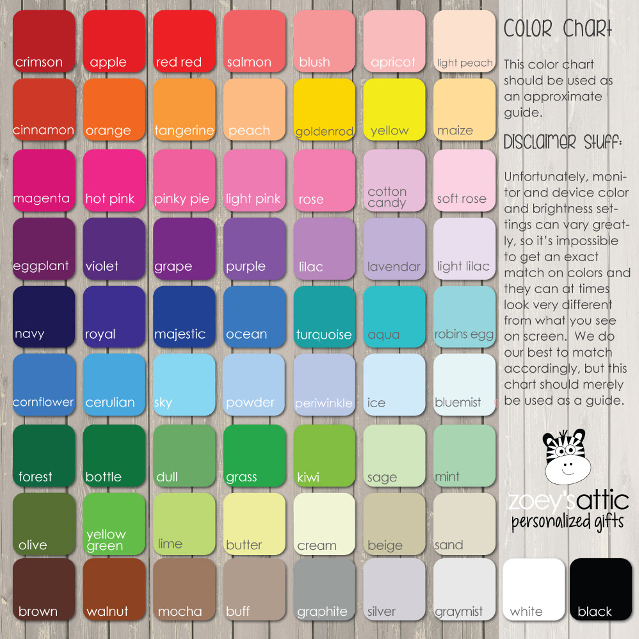 my pillow color chart