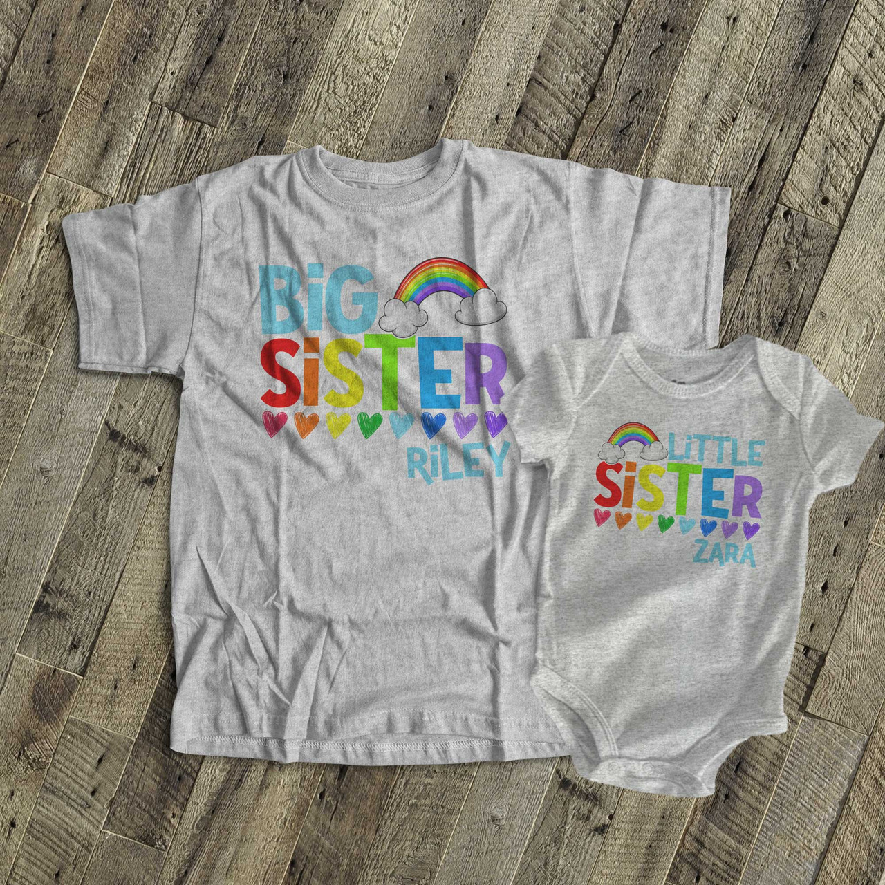 Big sister little sister colorful rainbow and hearts sibling Tshirt and bodysuit set