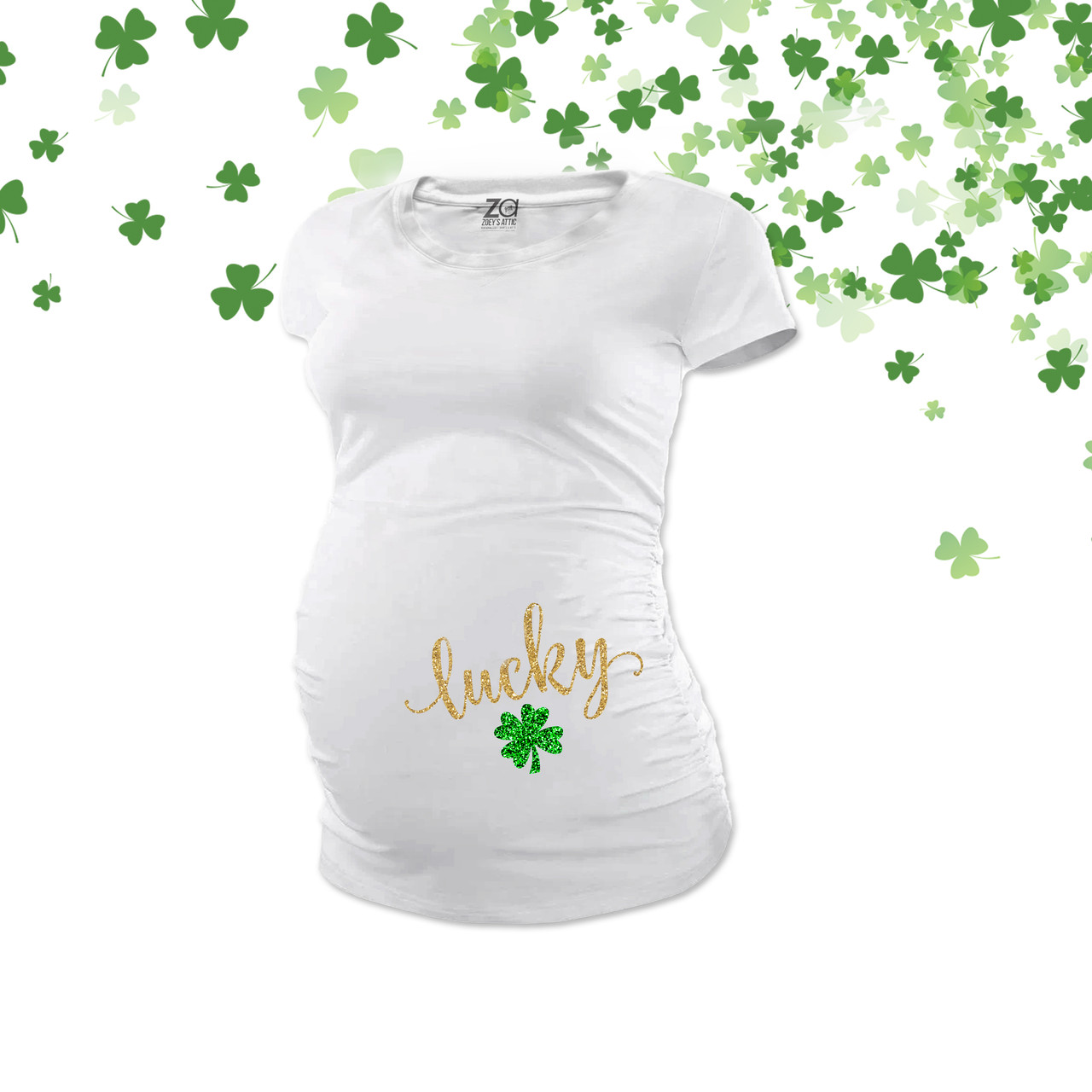 maternity shirt, lucky glitter shamrock 