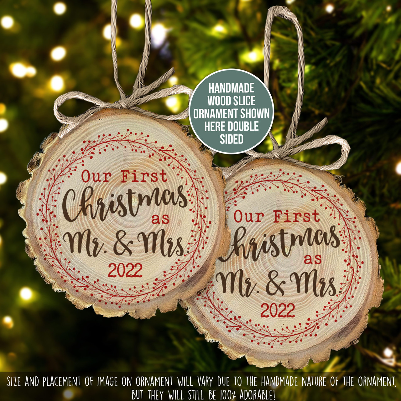 couples 1st Christmas ornament, mr and mrs wreath wood ornament