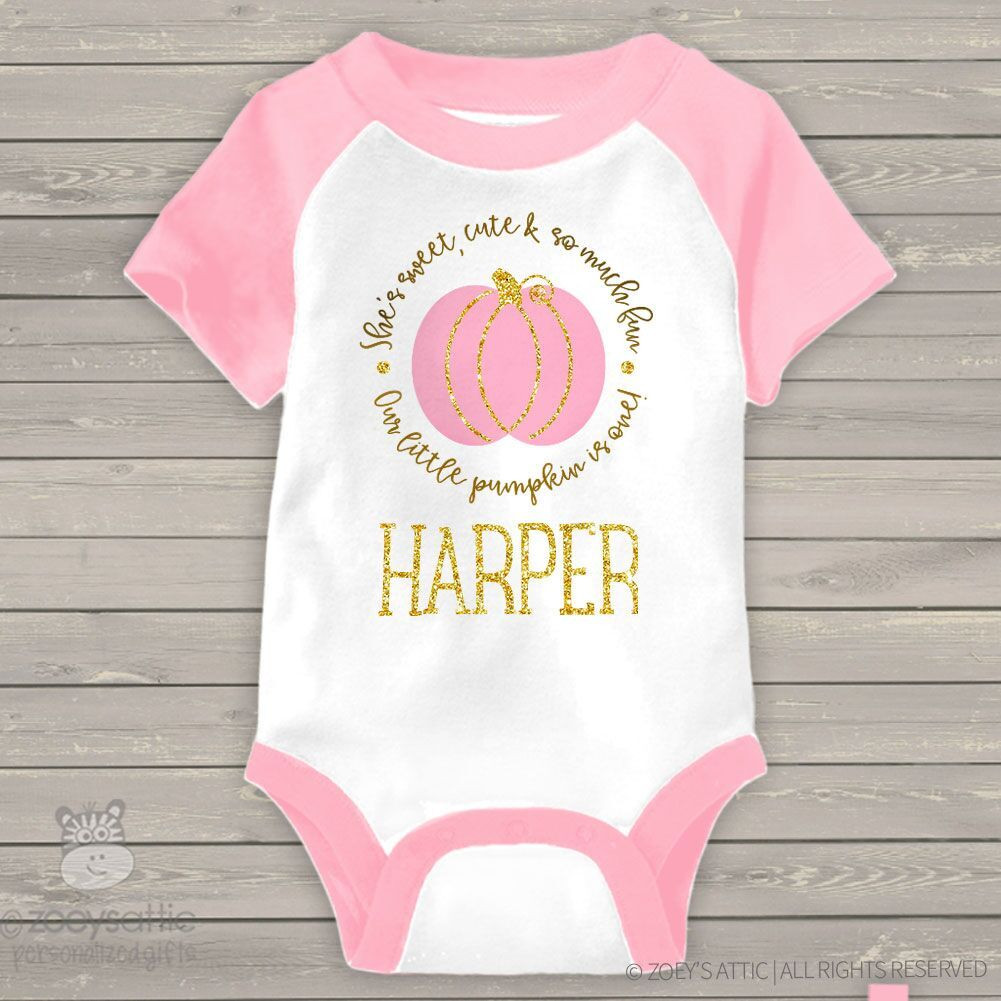 1st birthday pink pumpkin bodysuit, gold glitter pumpkin birthday