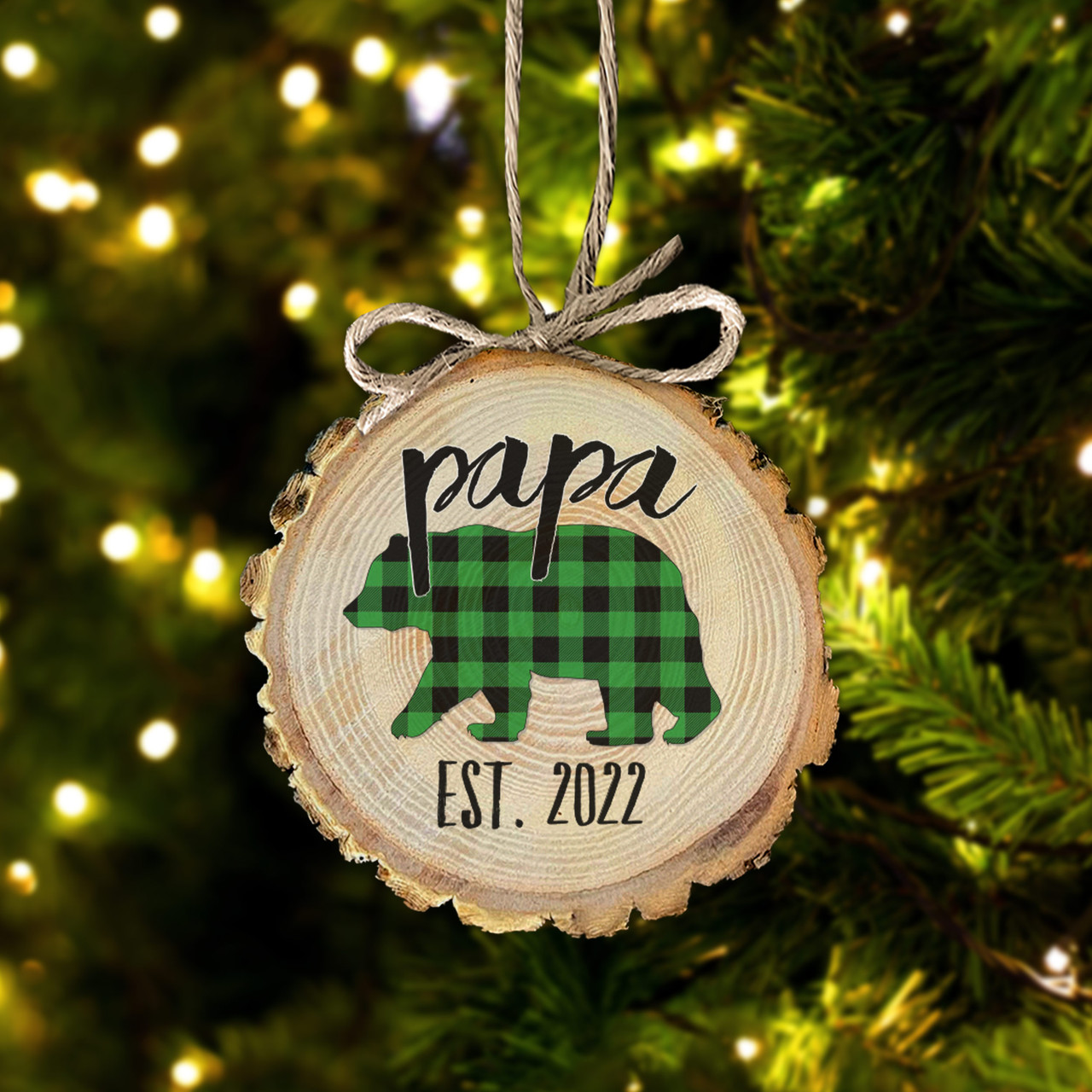 Christmas papa bear ornament, green plaid bear wood slice ornament