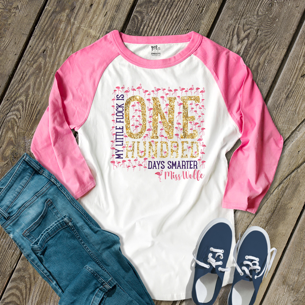 Personalized 100 Days Of School Shirt for Girls Baseball Top Flamingo 