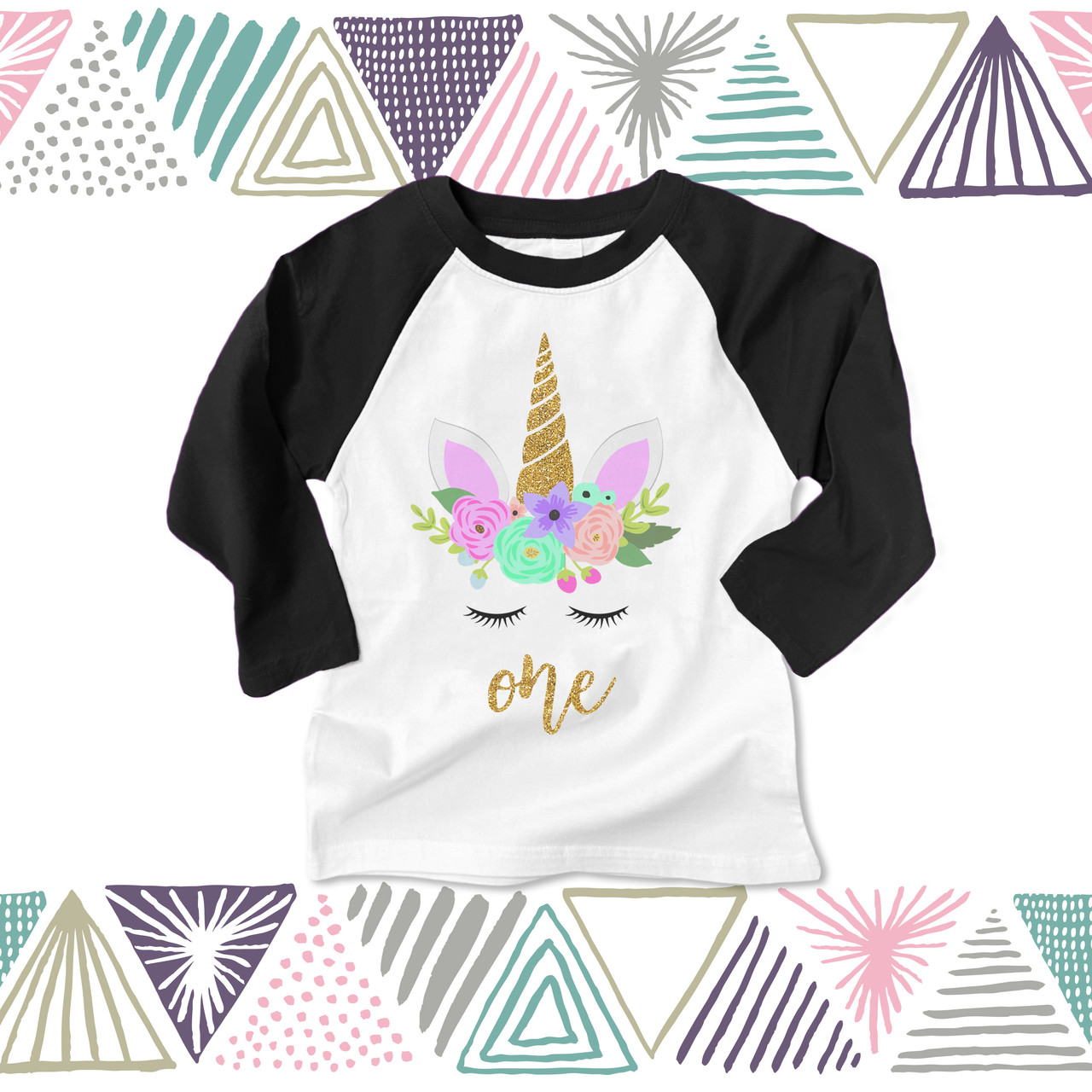 First birthday unicorn face glitter raglan shirt