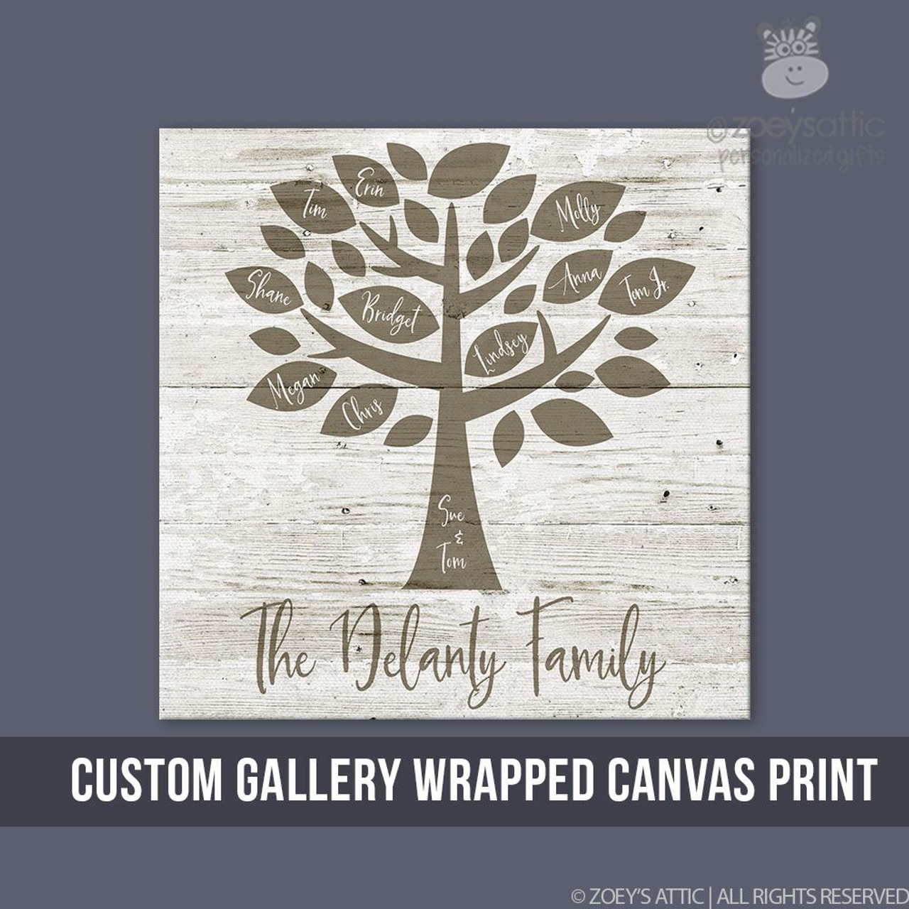 personalized wall art, family tree gallery wrapped wood frame canvas print