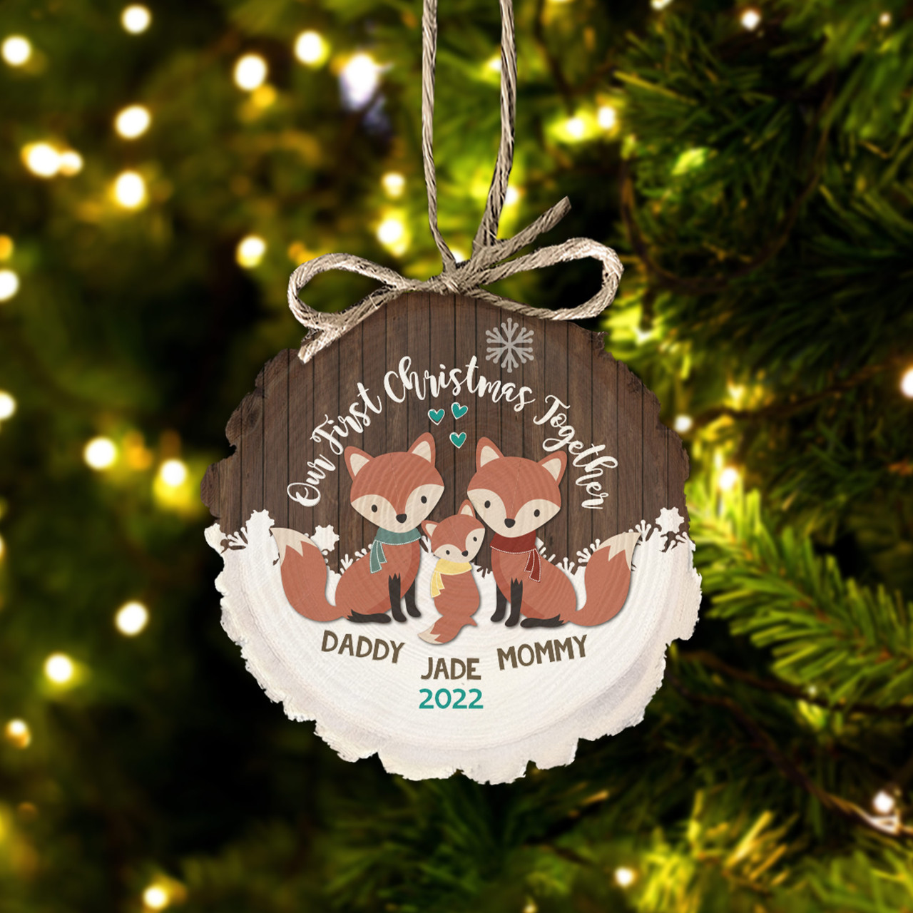 First Christmas together daddy mommy baby woodland fox wood slice ornament