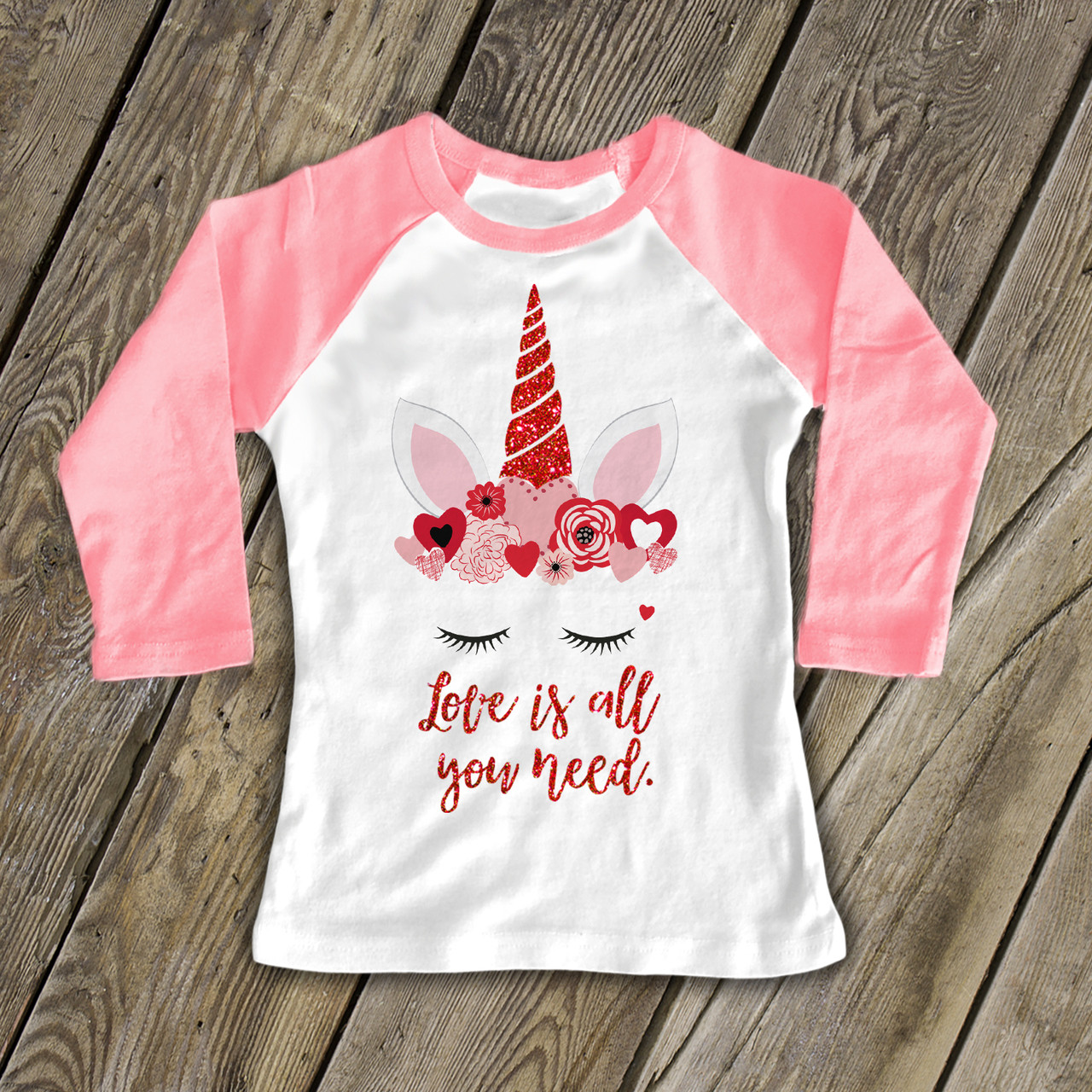 Birthday Girl Unicorn Kids Raglan Shirt - Pink & White