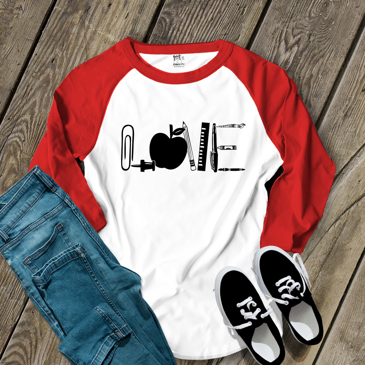 love apple school raglan Teacher adult shirt supplies