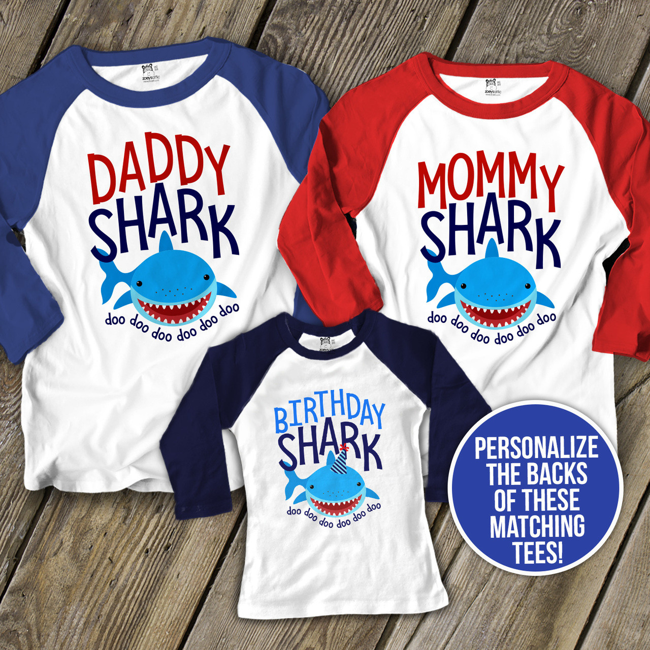 birthday party raglan shirt set, daddy mommy baby shark three