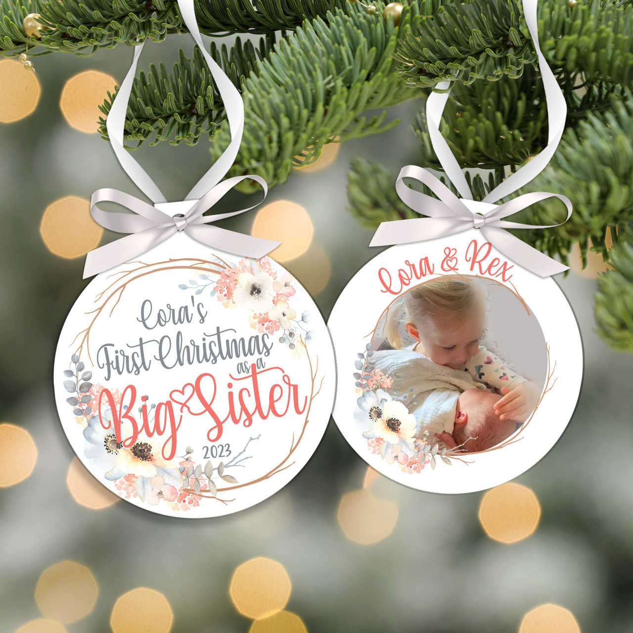 christmas photo ornament, baby's and big sister 1st christmas