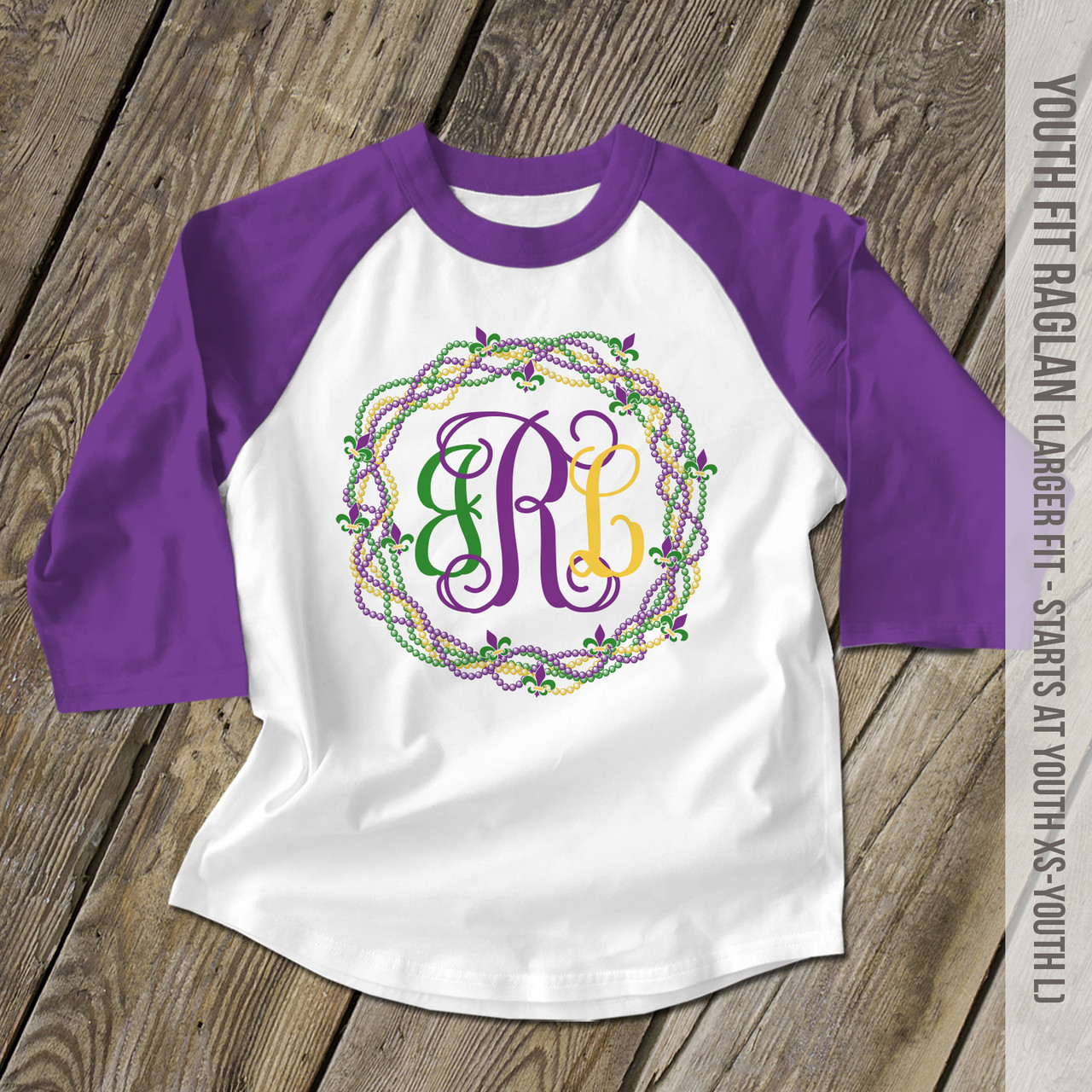 Kids Mardi Gras Shirt Beaded Wreath Monogram Raglan Shirt