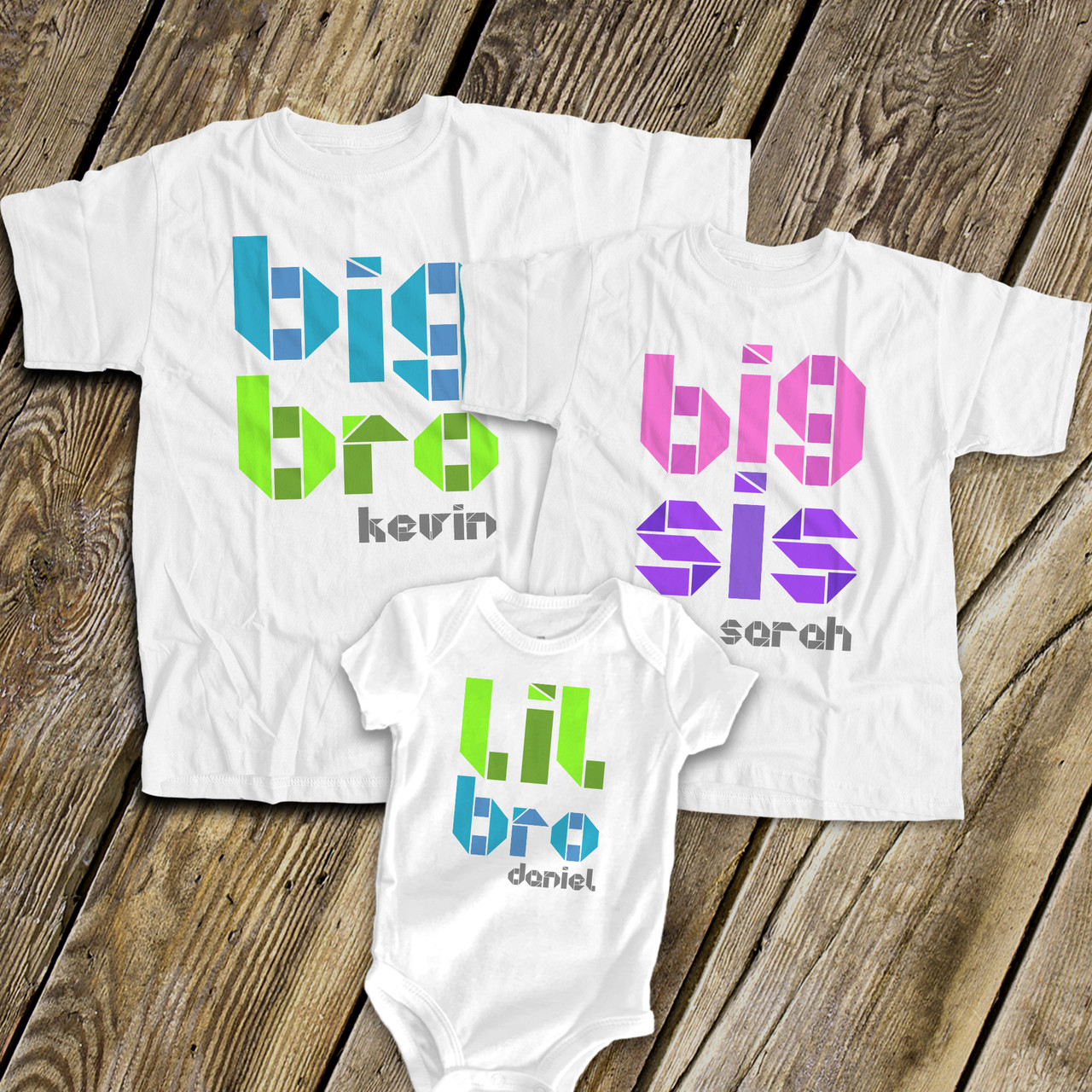 Brother or Sister Geometric Shape Text Three Matching Sibling Tshirts