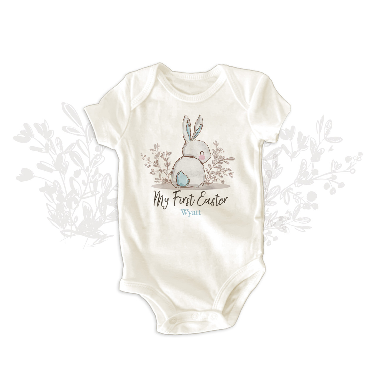 1st Easter bodysuit, blue cottontail bunny boy personalized shirt