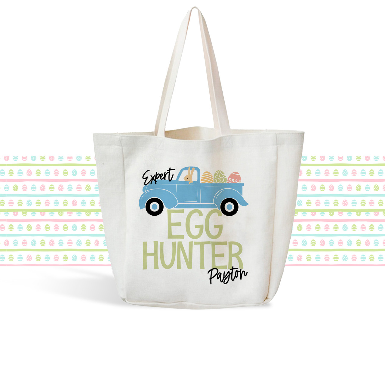 Boys Easter Bunny egg hunting bunny truck linen textured tote bag