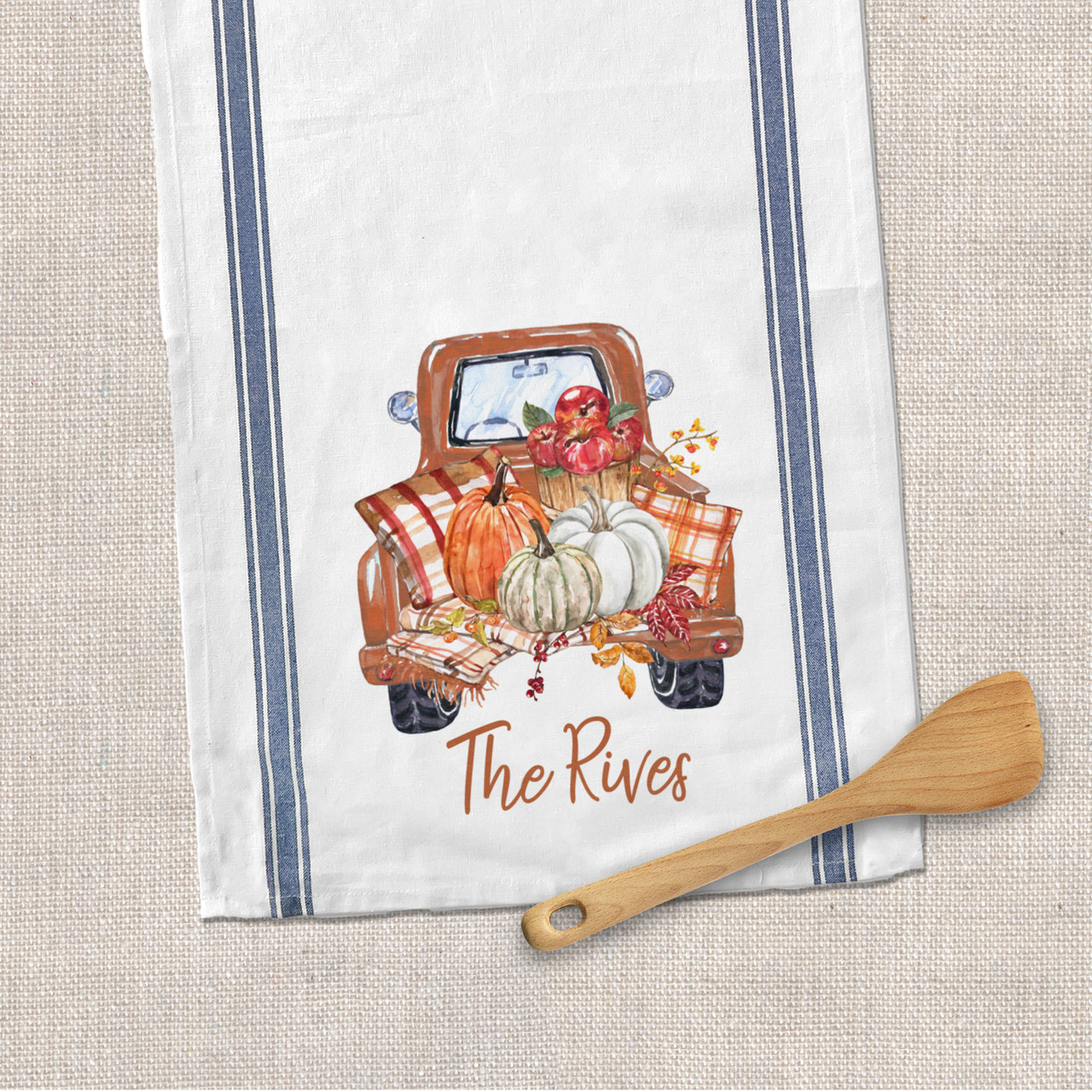 autumn kitchen towel, vintage pickup truck with pumpkins striped