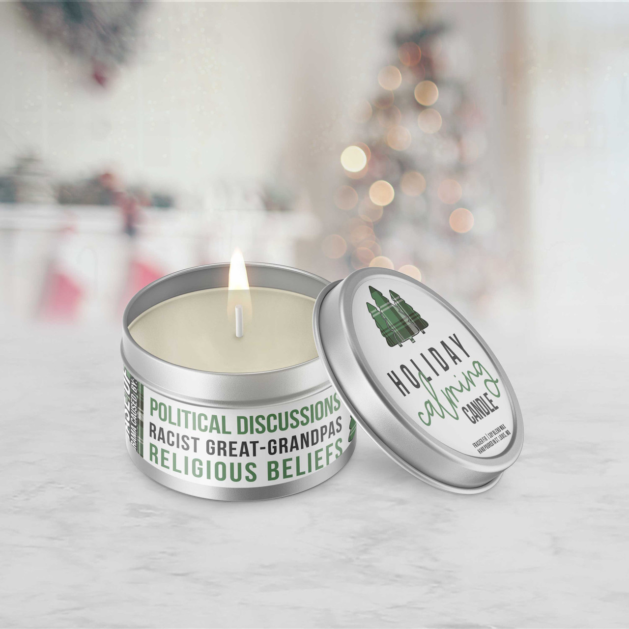 holiday candle, calming soy blend wax candle gag gift jar tin