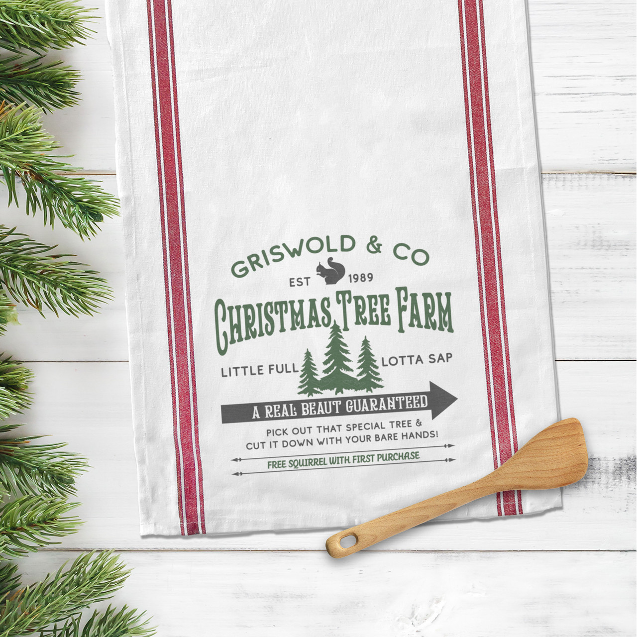 funny christmas vacation tea towel, real beaut griswold tree farm red buffalo  plaid kitchen towel