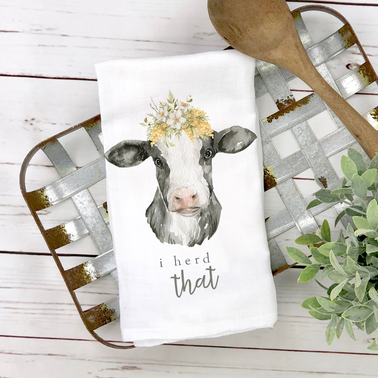 Funny cow i herd that spring cotton tea towel