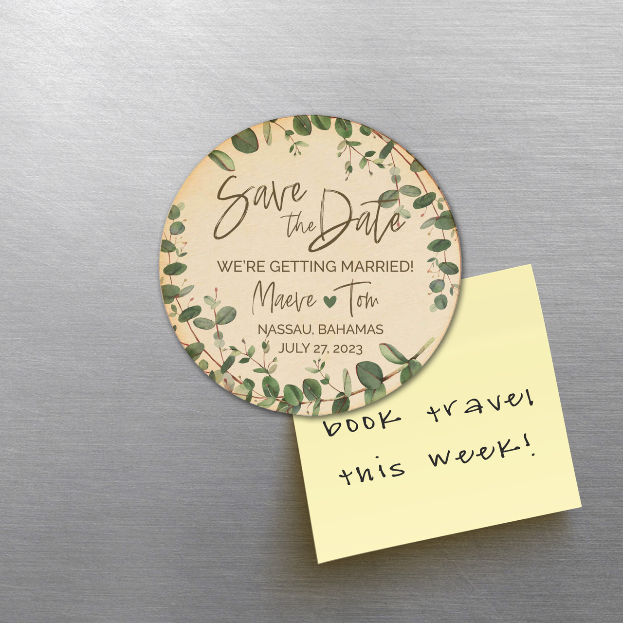 Wedding save the date destination wedding eucalyptus lightweight round wood  magnet with card option