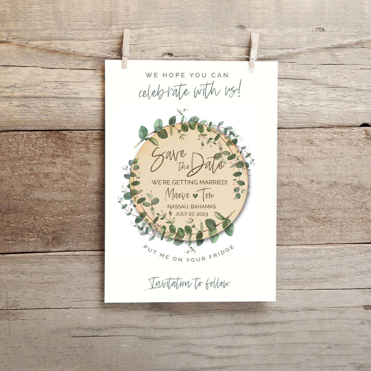 Wedding save the date destination wedding eucalyptus lightweight round wood  magnet with card option