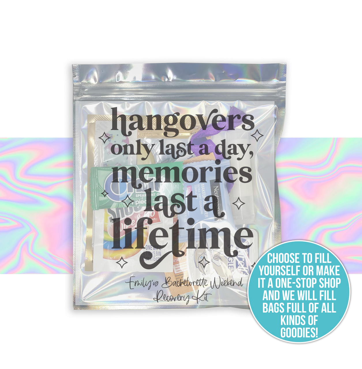 bachelorette party favor, memories hangover recovery survival kit