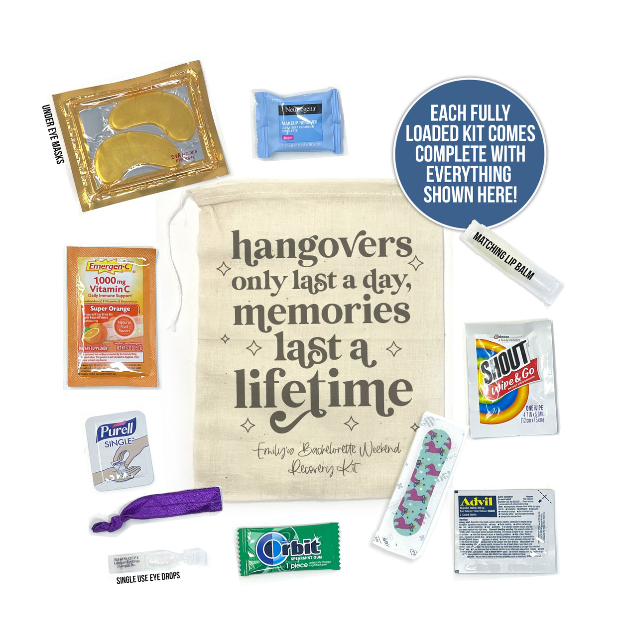 Hangovers only last a day memories last a lifetime hangover recovery kit  bachelorette party favor muslin bag with content option