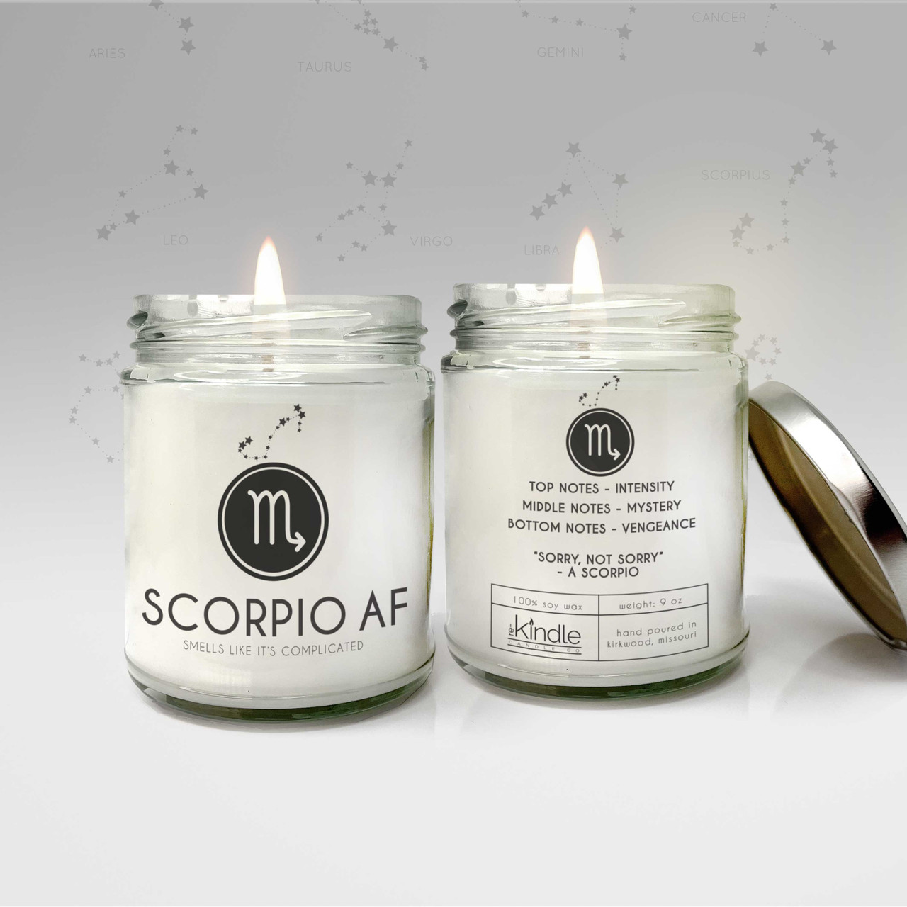 zodiac candle decor, scorpio AF scorpion soy blend wax candle jar